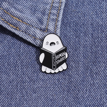 Cartoon Ghost Boo Enamel Pins Human Stories Book Creative Brooches Halloween Backpack Clothes Lapel Badge Gift for Kids Friends