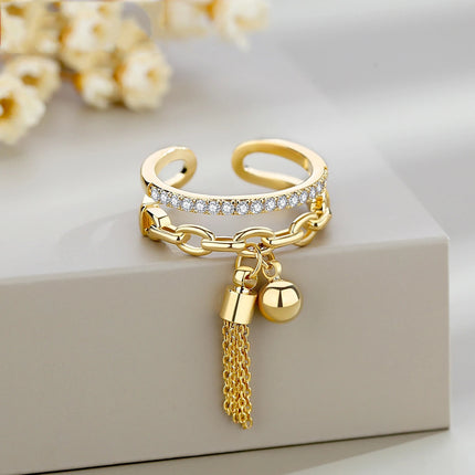 Fashion Gold-Color Open Adjustable Ring With Tassel For Women Fashion Classic Hollowed Rhinestone Tassel Ring Jewelry Gift