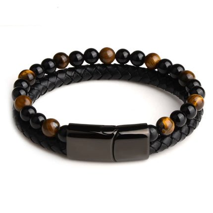 Natural Stone Bracelet Genuine Leather Braided Bracelets Black Stainless Steel Magnetic Clasp Tiger eye Bead Bangle Men Jewelry