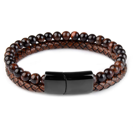 Natural Stone Bracelet Genuine Leather Braided Bracelets Black Stainless Steel Magnetic Clasp Tiger eye Bead Bangle Men Jewelry