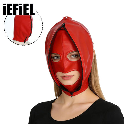 Leather Mask Full Face Double Layer Headgear Zip Head Hood Adjustable Lace-Up Leather Bondage Masks Halloween Cosplay Party Mask
