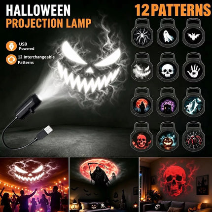 USB Projector Light Halloween Ghost Skull Night Light Switchable Pattern LED Projector Lamp for Room Ceiling Window Wall Decor