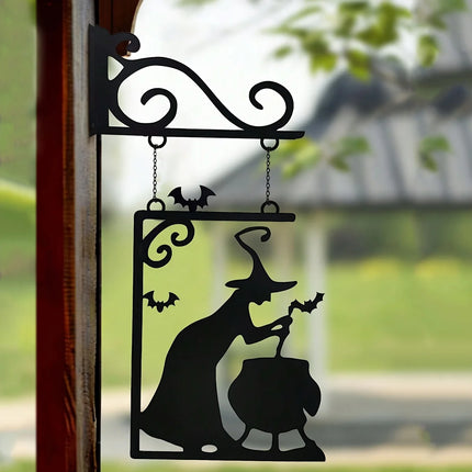 Halloween Decoration Witch Furnace Silhouette Metal Pendant, Suitable for Party Decoration, No Power Required, Halloween Ghost-Themed Door Decoration