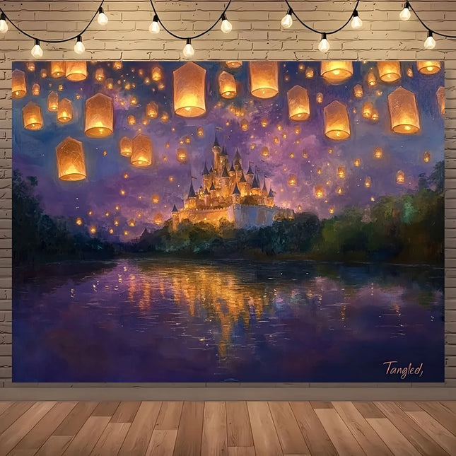 1pc, Princess castle, glittering and tangled lanterns, smashing cake background, flag background, festival, yard decoration