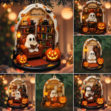 Cute Reading Ghost Halloween Ghost Ornaments 2D Flat Halloween Spooky Decorations Decorative Pendant Party Supplies