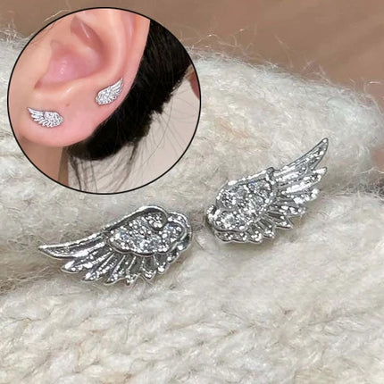 Fashion Zircon Wing Stud Earrings for Women Luxury Shiny Crystal Creative Angel Wings Cross Silver Color Ear Studs Jewelry Gifts