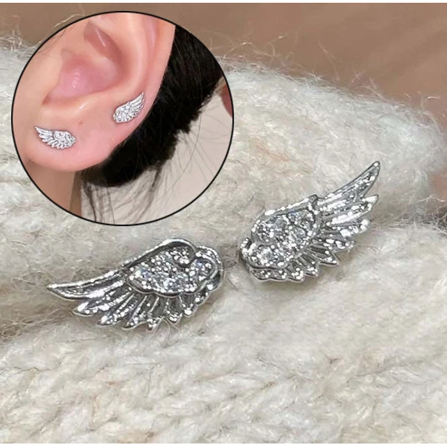 Fashion Zircon Wing Stud Earrings for Women Luxury Shiny Crystal Creative Angel Wings Cross Silver Color Ear Studs Jewelry Gifts