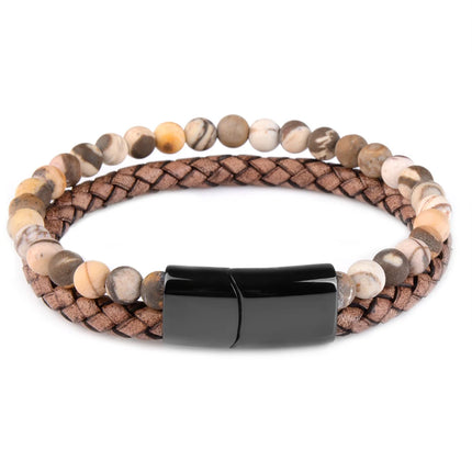 Natural Stone Bracelet Genuine Leather Braided Bracelets Black Stainless Steel Magnetic Clasp Tiger eye Bead Bangle Men Jewelry