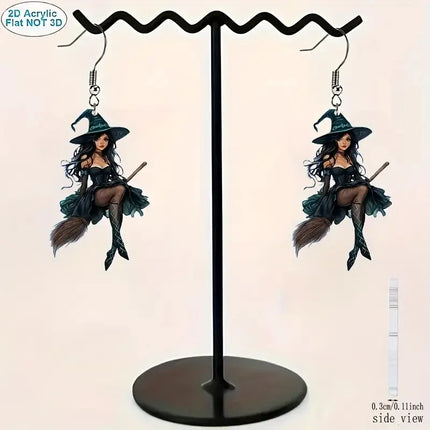 1 pair of 2D acrylic Halloween witch earrings, dark creative design, elegant and sexy cartoon magician earrings gift