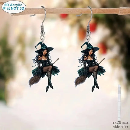 1 pair of 2D acrylic Halloween witch earrings, dark creative design, elegant and sexy cartoon magician earrings gift
