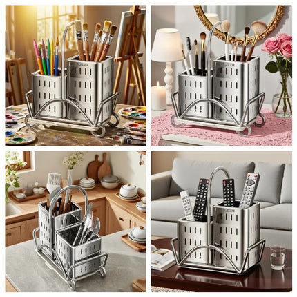 Kitchen Cutlery Organiser, Stainless Steel Utensil Holder for Spoon Fork Knife, Multifunctional Desktop Tableware Storage Rack