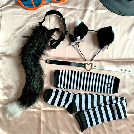 Role playing costume set with black and white stripes, furry tail, gloves and socks, acting props for Halloween