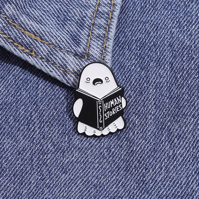 Cartoon Ghost Boo Enamel Pins Human Stories Book Creative Brooches Halloween Backpack Clothes Lapel Badge Gift for Kids Friends