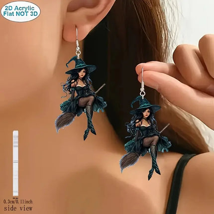 1 pair of 2D acrylic Halloween witch earrings, dark creative design, elegant and sexy cartoon magician earrings gift