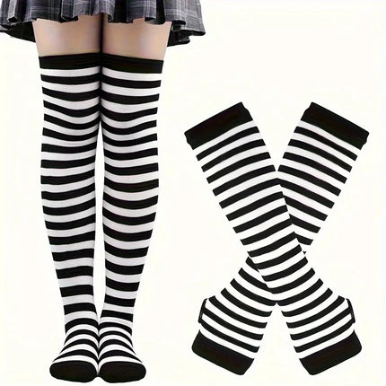 Role playing costume set with black and white stripes, furry tail, gloves and socks, acting props for Halloween