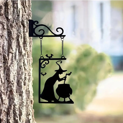 Halloween Decoration Witch Furnace Silhouette Metal Pendant, Suitable for Party Decoration, No Power Required, Halloween Ghost-Themed Door Decoration