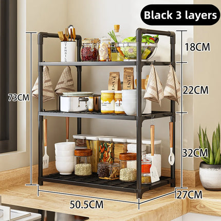 Kitchen storage rack - a multi-level, multi-functional home storage and organizing stand for floors