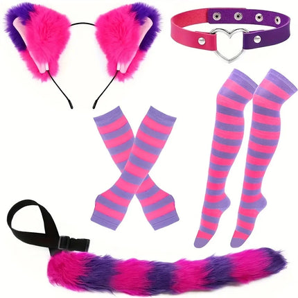 Role playing costume set with black and white stripes, furry tail, gloves and socks, acting props for Halloween