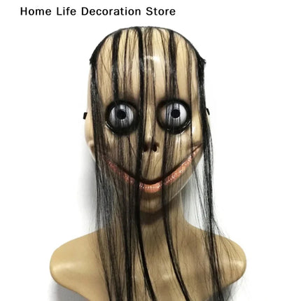 Halloween MO MO Mask With Long Hair Big Eyes Funny Mask Horror Ghost Party Costume Props V-shaped Mouth Mask Halloween Cosplay
