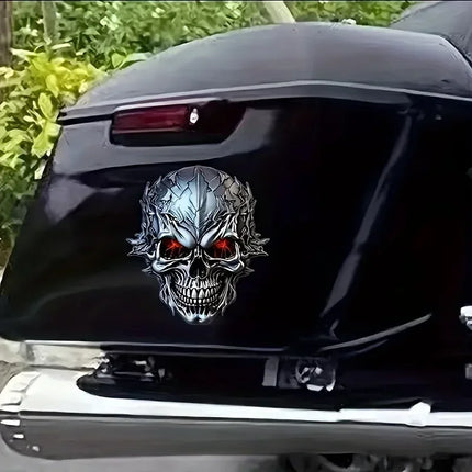 Halloween 3D Metal Skull Decal withRed Glowing Eyes Durable PVC Sticker for Cars Motorcycles Bicycles Self-Adhesive Vinyl Decal