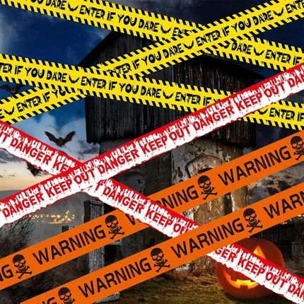 Halloween Danger Tape Yellow Red Barricade Line with Bold Caution Lettering for Horror Party Haunted House Scary Scene Decor