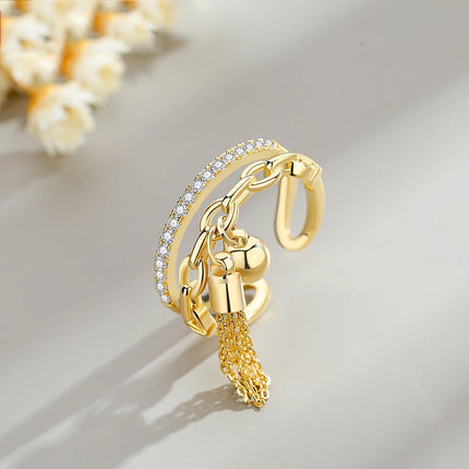 Fashion Gold-Color Open Adjustable Ring With Tassel For Women Fashion Classic Hollowed Rhinestone Tassel Ring Jewelry Gift