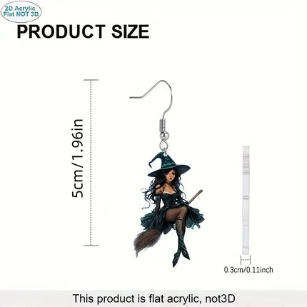 1 pair of 2D acrylic Halloween witch earrings, dark creative design, elegant and sexy cartoon magician earrings gift