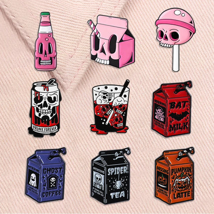 Halloween Skull Candy Lollipop Enamel Pins Goth Skeleton Soda Drink Jiuce Spooky Brooches Lapel Badge Jewelry Gifts for Friends