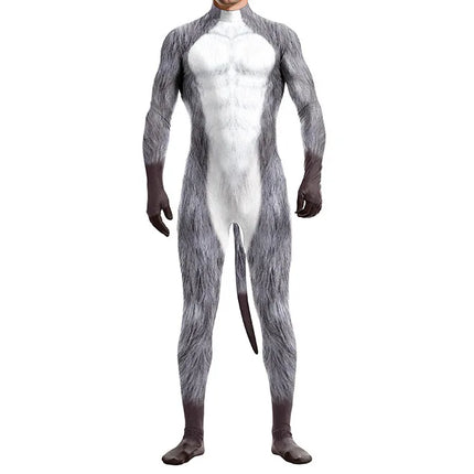 Halloween Costume  Adult Mens Wild Animal Cosplay Costume Full Cover 3D Print Beast Petsuit Jumpsuit Bodysuit Tail