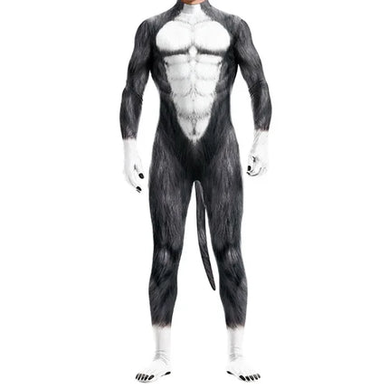 Halloween Costume  Adult Mens Wild Animal Cosplay Costume Full Cover 3D Print Beast Petsuit Jumpsuit Bodysuit Tail