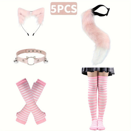 Role playing costume set with black and white stripes, furry tail, gloves and socks, acting props for Halloween
