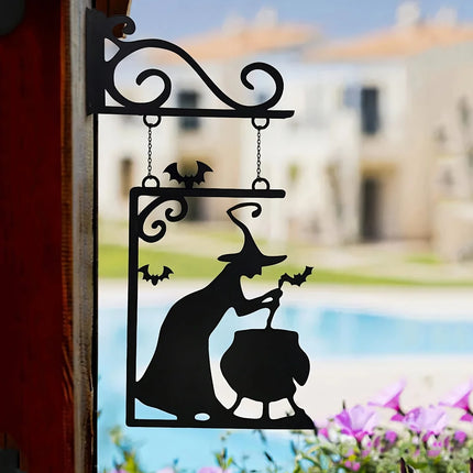 Halloween Decoration Witch Furnace Silhouette Metal Pendant, Suitable for Party Decoration, No Power Required, Halloween Ghost-Themed Door Decoration