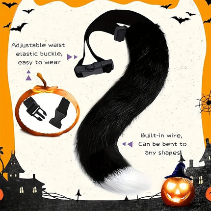 Role playing costume set with black and white stripes, furry tail, gloves and socks, acting props for Halloween
