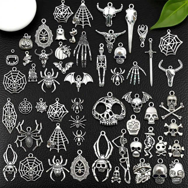 Assorted Halloween Pendants - Vintage Silver Skulls, Bats & Ghost Charms, Perfect for Creating Adorably Spooky DIY Jewelry!
