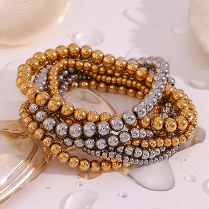 E.B.belle Gold Plated Silver Color Elastic Beads Bracelets Bangles For Woman Waterproof Stainless Steel Beaded Chain Bracelet