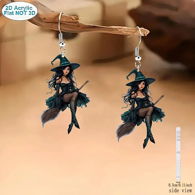 1 pair of 2D acrylic Halloween witch earrings, dark creative design, elegant and sexy cartoon magician earrings gift