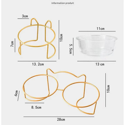 2x300ml Double Glass Cat Dog Bowl Puppy Food Bowl with Iron Frame Gold Stand Raised Water Feeder Bowl Pet Supplies Accessories