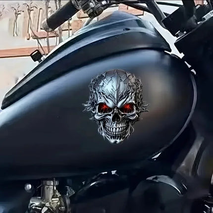 Halloween 3D Metal Skull Decal withRed Glowing Eyes Durable PVC Sticker for Cars Motorcycles Bicycles Self-Adhesive Vinyl Decal