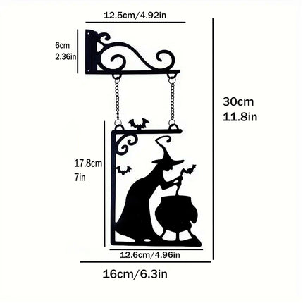 Halloween Decoration Witch Furnace Silhouette Metal Pendant, Suitable for Party Decoration, No Power Required, Halloween Ghost-Themed Door Decoration