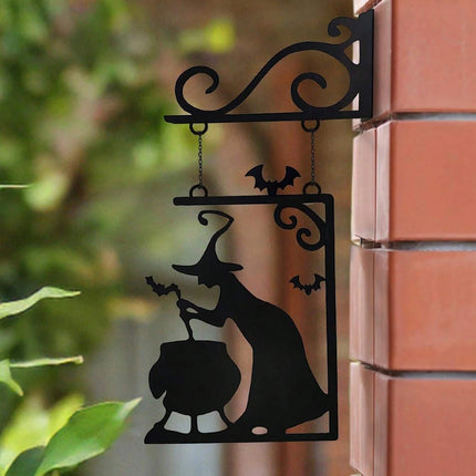 Halloween Decoration Witch Furnace Silhouette Metal Pendant, Suitable for Party Decoration, No Power Required, Halloween Ghost-Themed Door Decoration