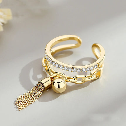 Fashion Gold-Color Open Adjustable Ring With Tassel For Women Fashion Classic Hollowed Rhinestone Tassel Ring Jewelry Gift