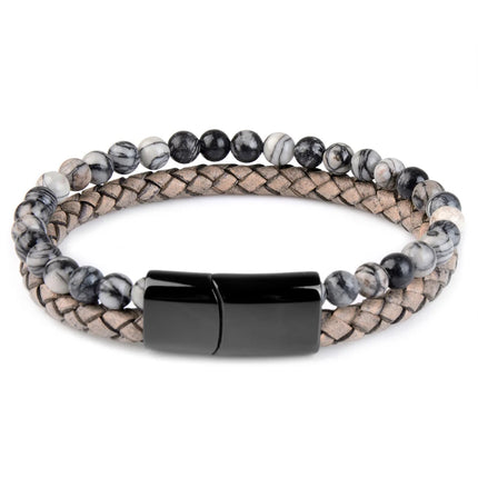 Natural Stone Bracelet Genuine Leather Braided Bracelets Black Stainless Steel Magnetic Clasp Tiger eye Bead Bangle Men Jewelry