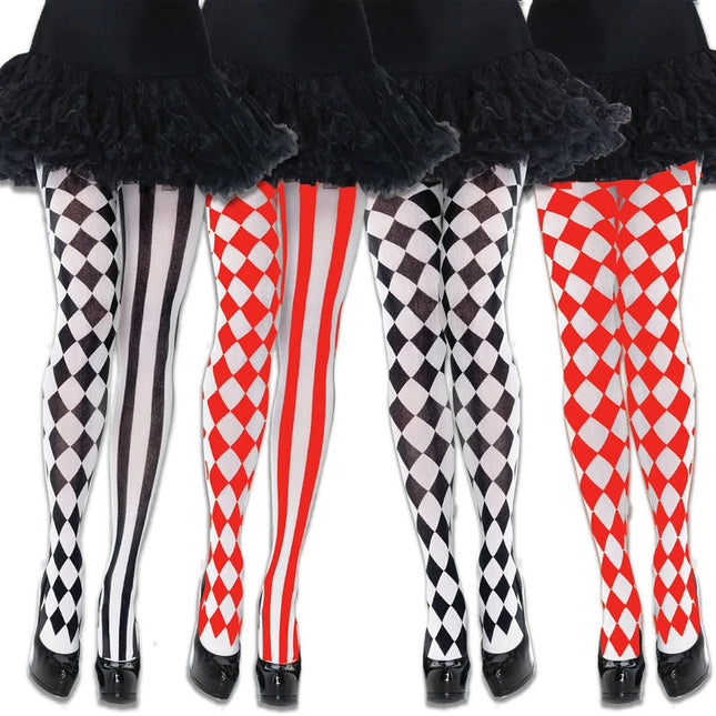 Halloween Cosplay Pantyhose Diamond Stripe Pattern Asymmetric Tights Gothic Lolita Stockings Carnival Clown Costume Accessories