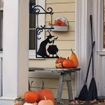 Halloween Decoration Witch Furnace Silhouette Metal Pendant, Suitable for Party Decoration, No Power Required, Halloween Ghost-Themed Door Decoration