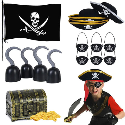 Pirate Captain Cosplay Costume Props Set Kids Halloween Hat Hook Skeleton Eye Patch Pirate Party Halloween Decoration Supplies