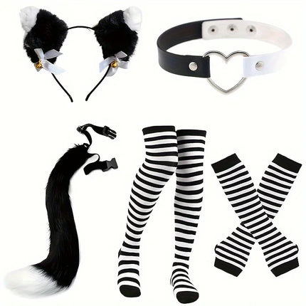 Role playing costume set with black and white stripes, furry tail, gloves and socks, acting props for Halloween