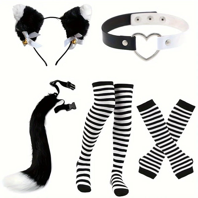 Role playing costume set with black and white stripes, furry tail, gloves and socks, acting props for Halloween