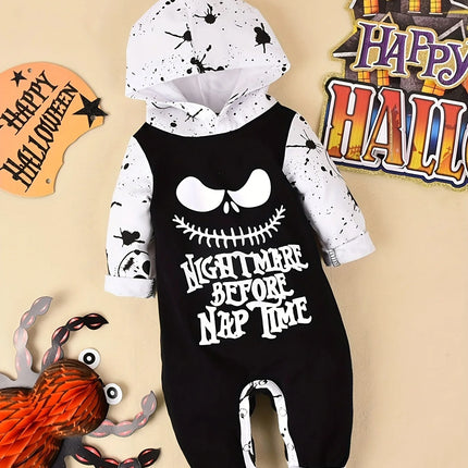 Halloween Newborn  Baby Boy Clothes Infant Baby Boy Romper Long-Sleeve Hooded Cotton Letter Print Nightmare Jumpsuit