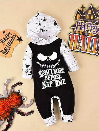 Halloween Newborn  Baby Boy Clothes Infant Baby Boy Romper Long-Sleeve Hooded Cotton Letter Print Nightmare Jumpsuit