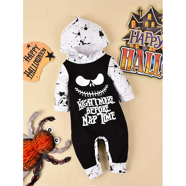 Halloween Newborn  Baby Boy Clothes Infant Baby Boy Romper Long-Sleeve Hooded Cotton Letter Print Nightmare Jumpsuit